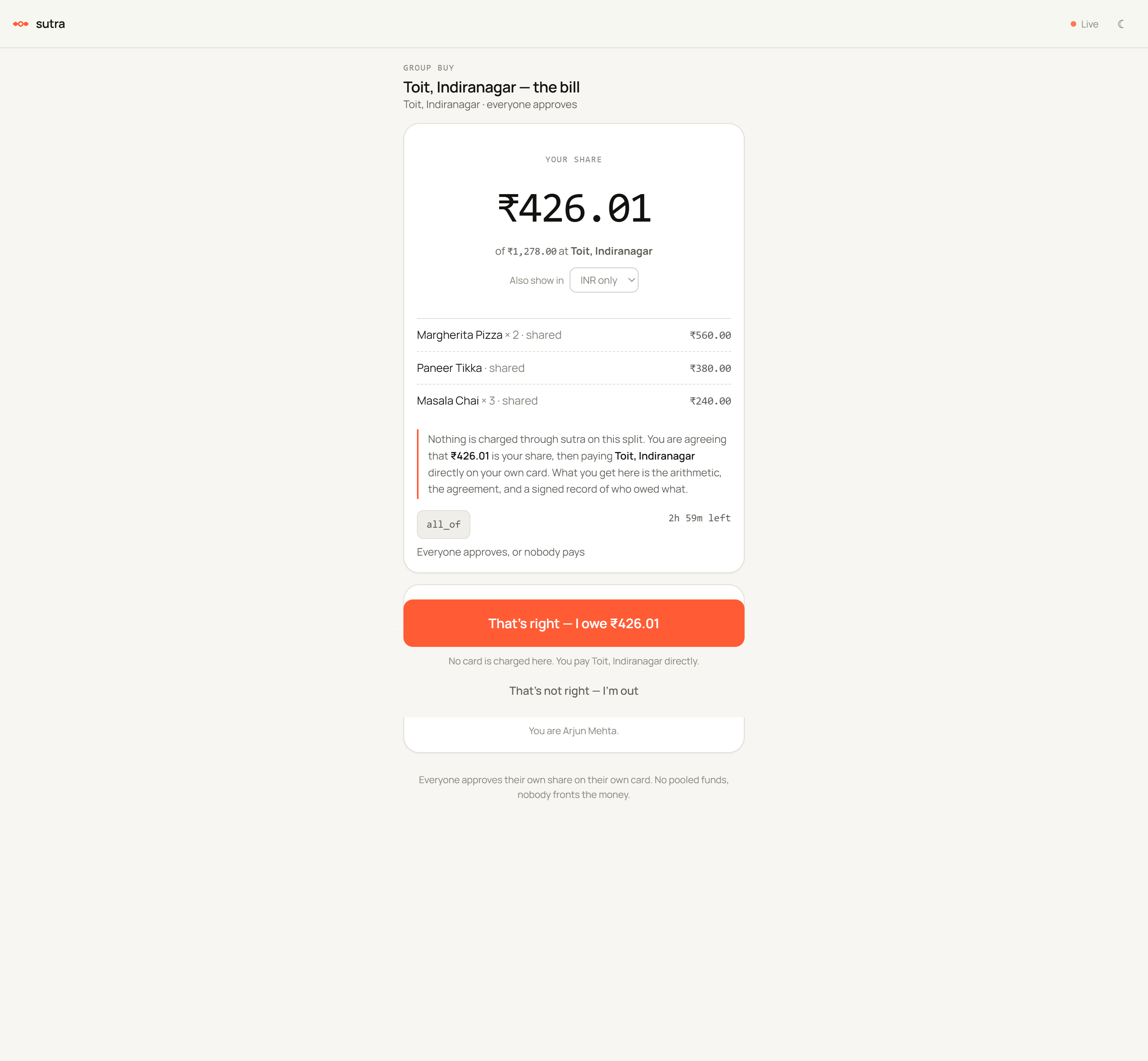 A real sutra at_venue approval page showing a member's exact share, the itemised lines it comes from, and the disclosure: 'Nothing is charged through sutra on this split. You are agreeing that ₹426.01 is your share, then paying Toit, Indiranagar directly on your own card.'