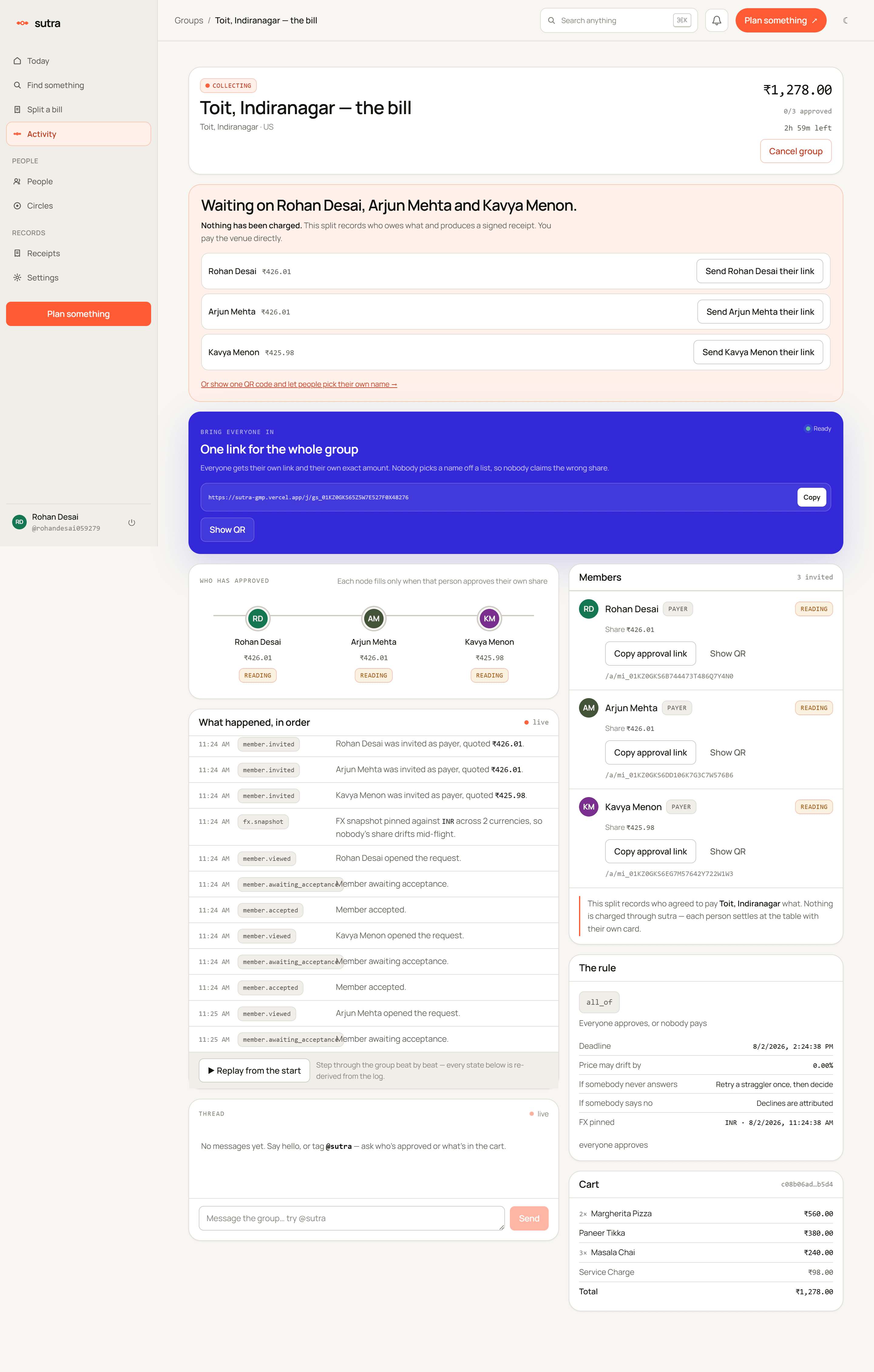 A real sutra group board mid-flight: three members in 'collecting', an event log showing member.invited, fx.snapshot, member.viewed and member.awaiting_acceptance events in order, and a consent thread with each member's node still unfilled.
